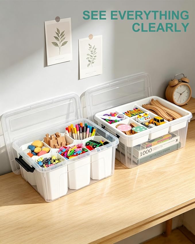NUMIFUN 17QT Clear Storage Bins with Lids & Dividers for Crafts | Stackable 17-quart transparent box featuring 6 tall removable inserts. Perfect for organizing crafts, tools, toys & crayons - Image 6