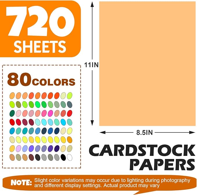 TUXIYA 720 Sheets 8.5" X 11" Colored Cardstock, 80 Colors Card Stock | 180GSM/65LB 80 Assorted Colors Construction Paper Printer Paper for Printing, Card Making, DIY Crafts, School Supplies,Party - Image 2