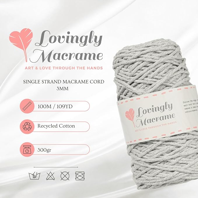 Single Strand Macrame Cord – 3mm Macrame Cord for Handmade Products & DIY Projects - Cotton Cording for Crafts, Dream Catchers, Boho Decor, Plant Hangers - 357ft (109yds) - Light Gray - Image 3