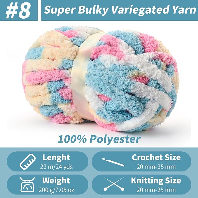 Chunky Jumbo Chenille Yarn Candy 10 Pack | 2000g/240yds Super Bulky Baby Soft Yarn for Hand Knitting Fluffy Chunky Knit Throw Blanket Yarn - Image 2