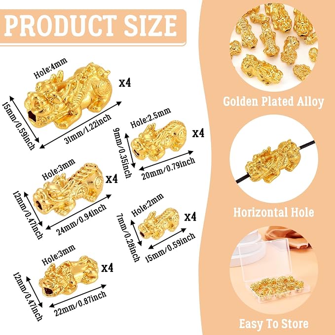 Craftdady 20Pcs 24K Gold Plated Pixiu Spacer Bead 3D Metal Alloy Fengshui Bead 5 Sizes for for Attracting Wealth Good Luck DIY Bracelet Jewelry Craft - Image 3