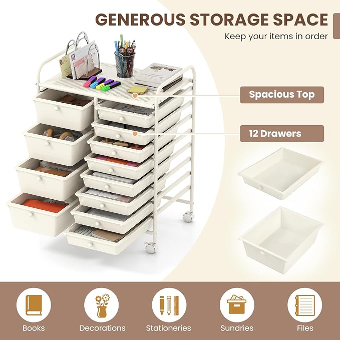COSTWAY 12 Drawer Rolling Storage Cart, Utility Cart with Metal Frame | Mobile Art Supply Craft Organizer, Multipurpose Storage Organizer for Paper, Office, School Teacher, Classroom, White - Image 4