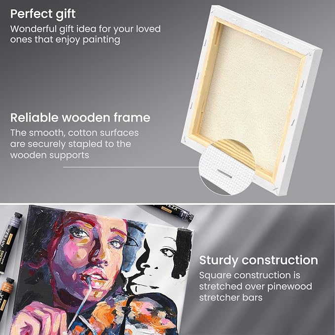ARTEZA Stretched Canvas, 8 x 8 Inches, Pack of 12, Blank White Square Canvas for Painting for Acrylic, Oil and Gouache Paints - Image 2