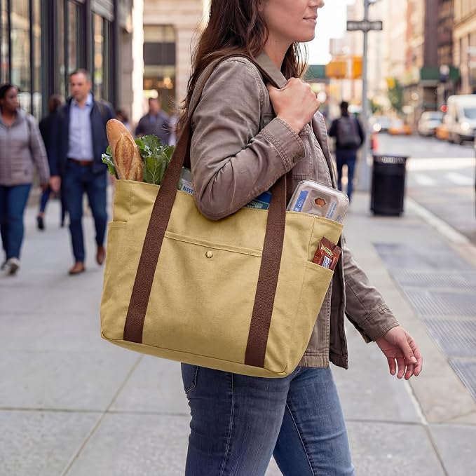 Sadnyy Khaki 10 Pcs Canvas Tote Bags for Women Reusable Shoulder Tote Bags with Zipper Shopping Grocery Handbag for Work Travel - Image 2
