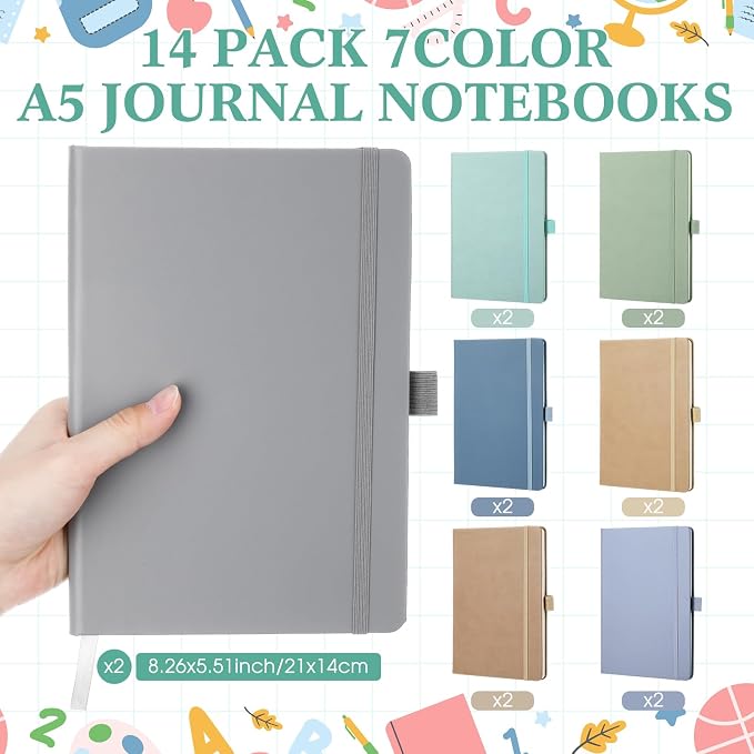 Laumoi 14 Pack Hardcover Lined Journal Notebooks Bulk,Classic Color,A5 | PU Leather Journaling, Wide Ruled, with Pen Holder, for Office Business Work Writing - Image 2