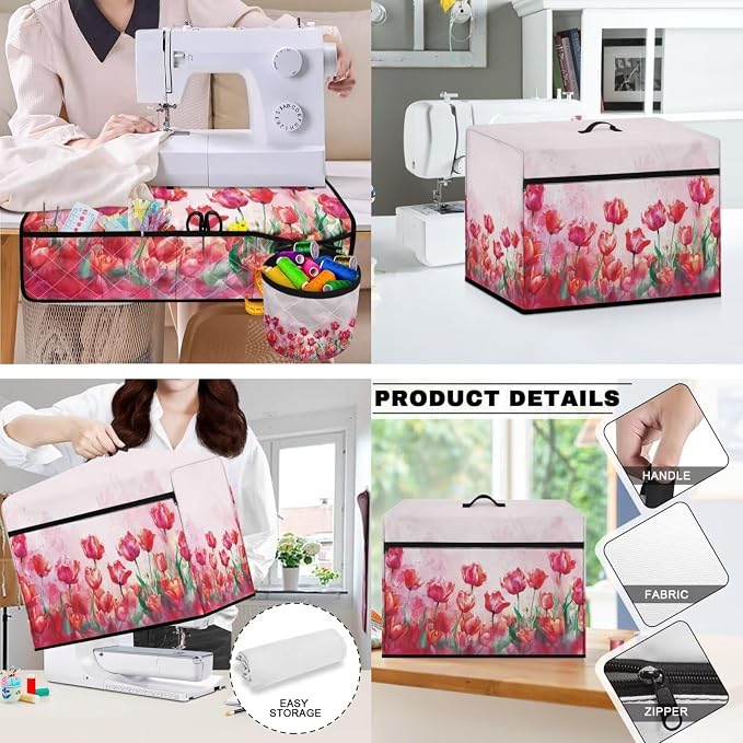 Red Tulips Sewing Machine Mat & Dust Cover, Sewing Machine Muffling Mats with Pockets for Sewing Accessories Reduce Vibration Home Decoration Easy to Clean - Image 3
