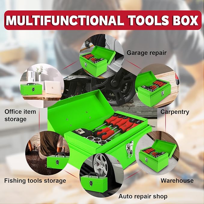 P.I.T. Metal Tool Box 12 Inch,Portable Small Toolbox with Latch,Green | Removable Metal Tray,Thickened Steel with Powder Coat Finish,Easy to Carry with a Comfortable Handle - Image 8