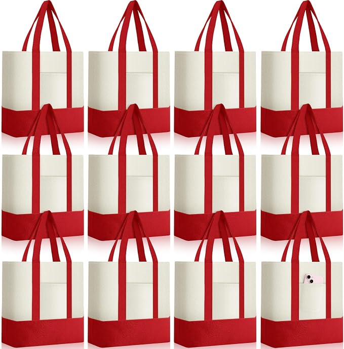Sanwuta 12 Pcs Mini Canvas Tote Bags Bulk with Pocket Small Sublimation Blank Canvas Tote Reusable Grocery Bag for Women, DIY Craft (Red) by Sanwuta