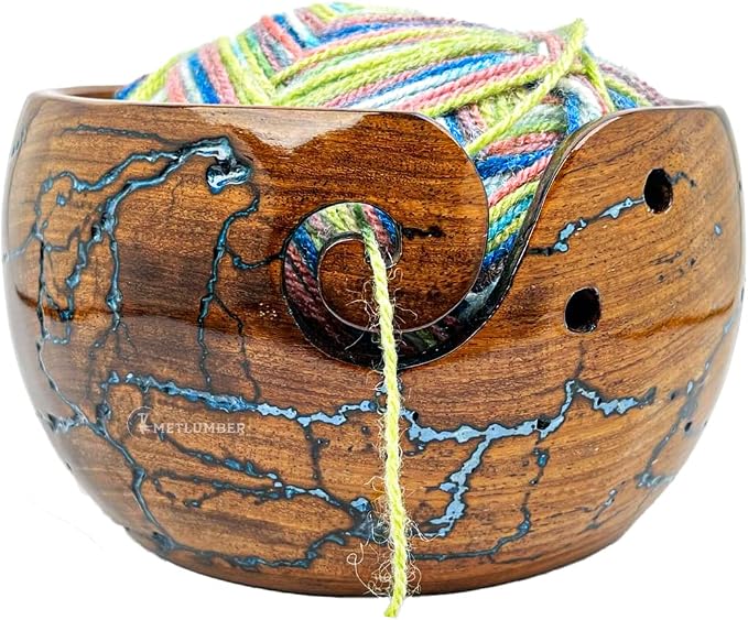 METLUMBER Wooden Yarn Bowl Rosewood Yarn Storage Bowl Holder & Dispenser for Tangle-Free Yarn Perfect Large Knitting & Crochet Bowl Fractal Wood Burning & Resin Artwork - Image 2