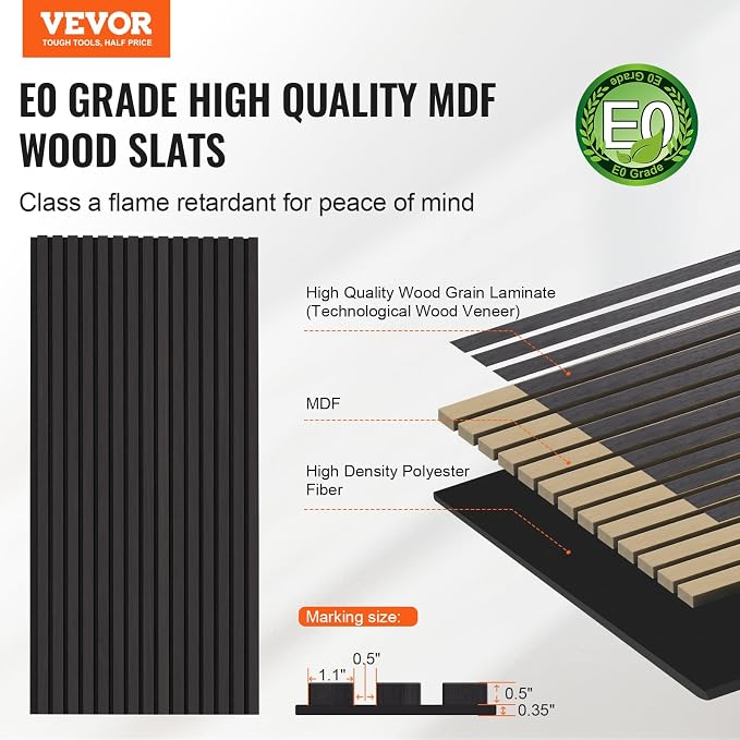 VEVOR Wood Slat Acoustic Panels, 23.6 x 47.2 inch, 4 Pcs MDF Accent Wooden Wall Panels for Modern Interior Wall Decor, Faux Wood Wall Board Panels for Noise Reduction, Black Oak - Image 2