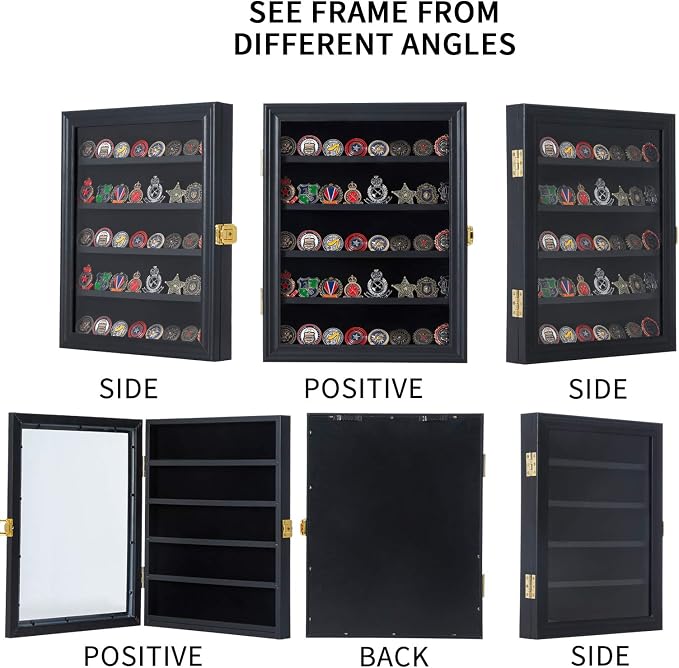 Military Challenge Coin Display Case Lockable Cabinet Rack Holder Shadow Box with Removable 2 Grooves Shelves and Anti Dust Door for Casino Poker Chips Collectibles, Small - Black - Image 5