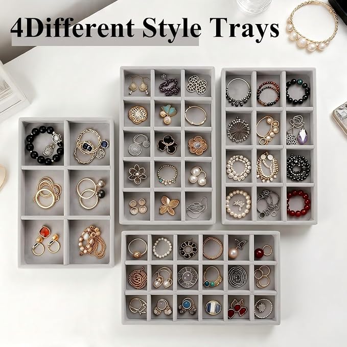 24 Pack Velvet Jewelry Trays Stackable Jewelry Organizer Trays Drawer Inserts Divided Storage Containers for Rings Earrings Jewelry Display (Gray) - Image 5