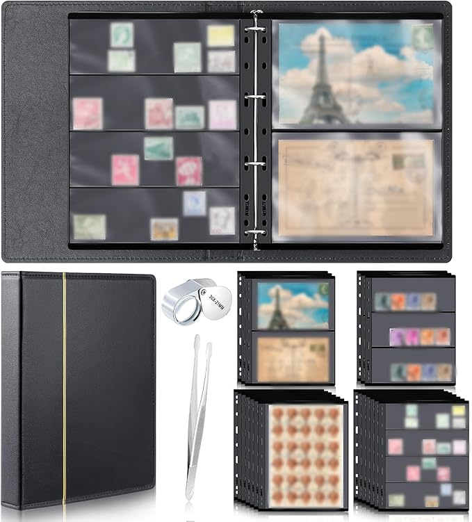 Stamp Collecting Album Binder Kit for Collectors, 1/2/3/4 Rows Banknotes Storage Book with 20 Stamp Pages, 4 Ring Binder, Tweezers and Magnifier, for Paper Money Bill Postage, Beginner Hobbyists Gift by Lewtemi
