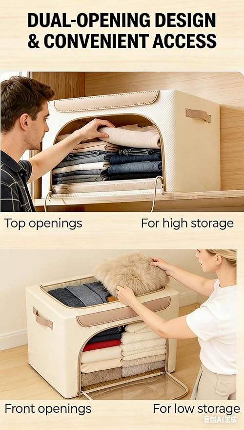 Clothes Storage Bins with Metal Frame&Leather Fringe&Clear Window, Washable Oxford Fabric Bins, , Stackable foldable Closet Organizers Sweater Comforter Storage(3 pcs,Beige,66L) (Double Styles) - Image 7