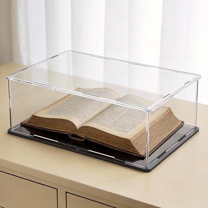 Acrylic Display Case with Matt Black Base and Lid, Dust-Proof Acrylic Box, Flat Showcase Counter-Tops Box for Books and Maps (13x13x5 inch)