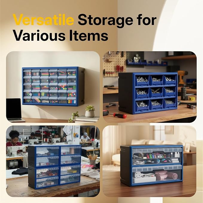 NORTHSKY 9-Bin Small Parts Cabinet, Stackable, Blue, 14.17 × 7.09 × 9.45 in 9 * Blue (9 Drawer & Clear) - Image 7