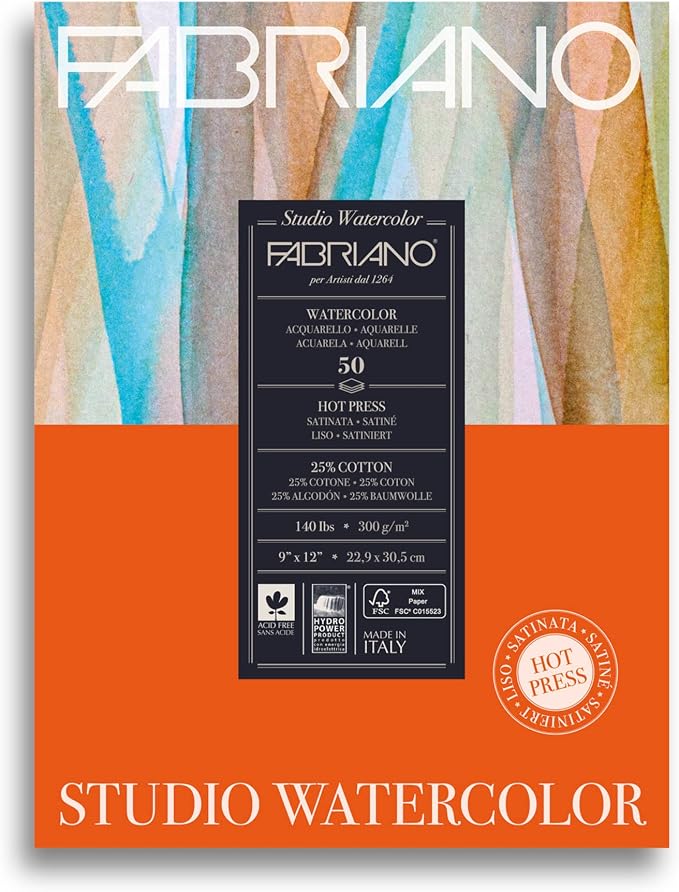 Fabriano Studio Watercolor Pad, Hot-Press, 9" x 12", 140 lb., 50 Sheets, White by Fabriano