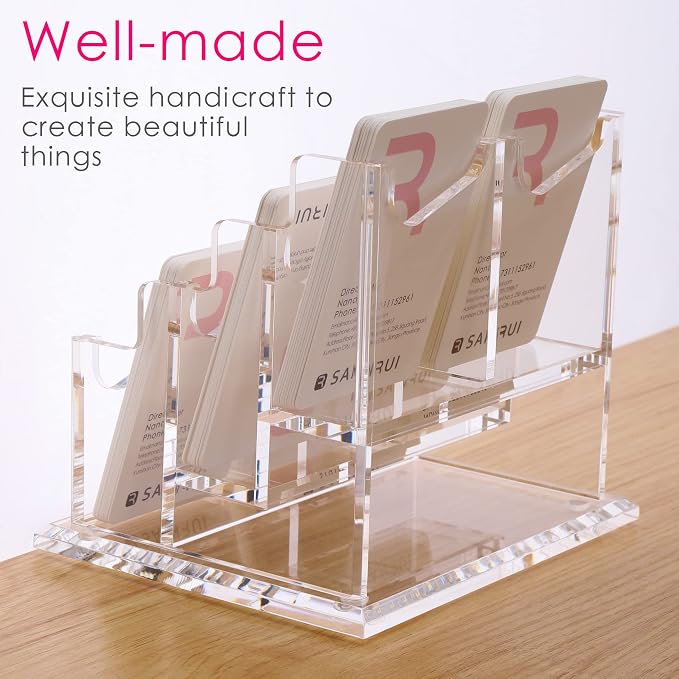 SANRUI Vertical Business Card Holder for Desk，Clear Acrylic Business Card Display Stand，6 Slots 3 Tier ，Holds 300 Cards - Image 4