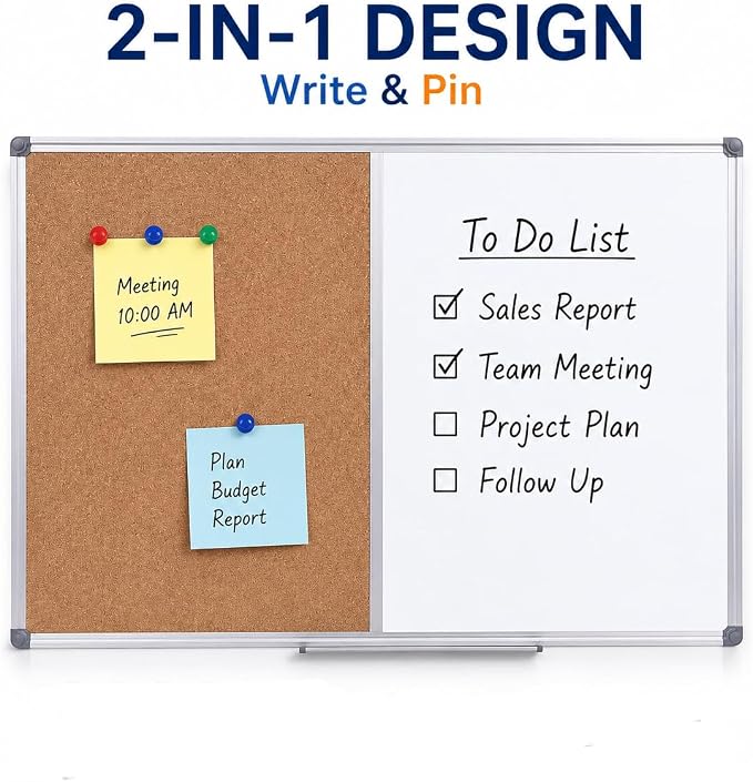Magnetic White Board and Cork Board Combo for Wall, 36 x 24 Inch | Whiteboard Bulletin Combination Board Wall Mounted Dry Erase Message Board Aluminum Frame for Home, School and Office - Image 7