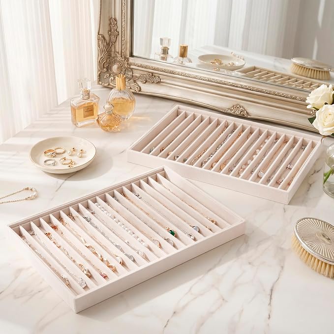 Cinnvoice 4 Pcs Large Stackable Necklace Organizer Tray 17 Grids Velvet Necklace Display Tray Stackable Jewelry Organizer Trays for Drawer Display for Selling Necklaces Bracelet Bangle Showcase - Image 6