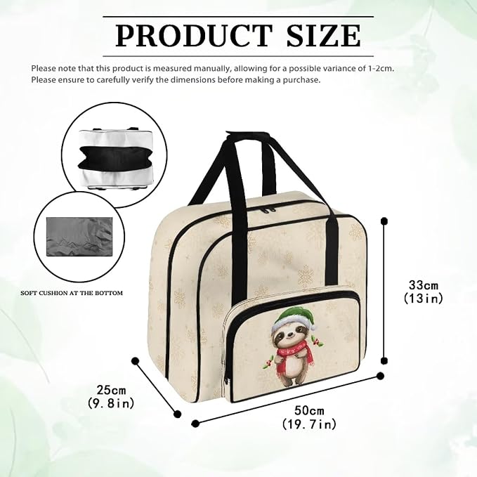 Sewing Machine Storage Bag Large Capacity Appliance Dust Bag Universal Versatile Travel Tote Bag Portable Sewing Machine Organizer Bag, Sloth Holly Santa Hat Scarf Snowflake Beige - Image 6