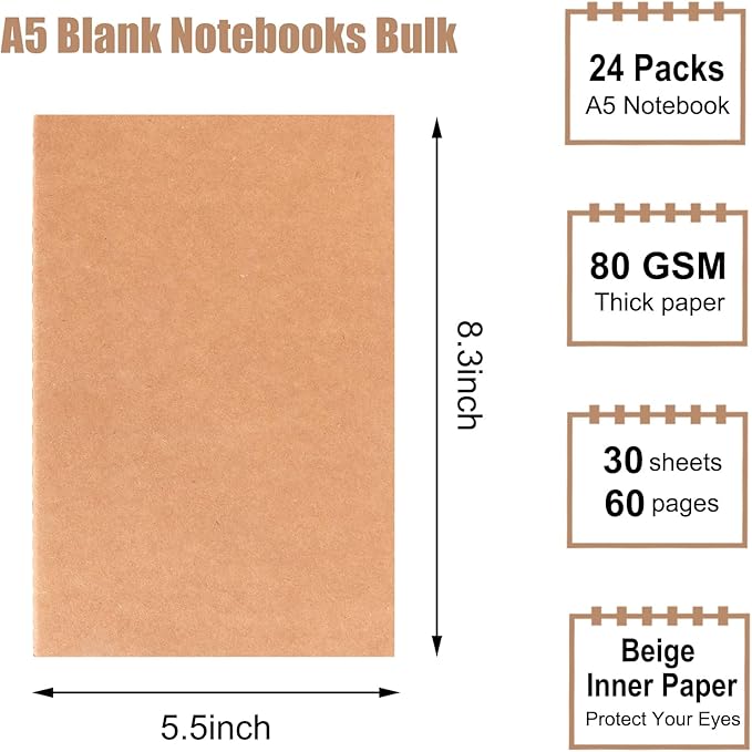 EOOUT 24 Pack Blank Kraft Notebooks, A5 Journals Notebook Bulk, Unlined Paper Sketchbooks, 8.3x5.5in 60 Pages Travel Journal Set for Journaling, Student, Kids, Writing - Image 2