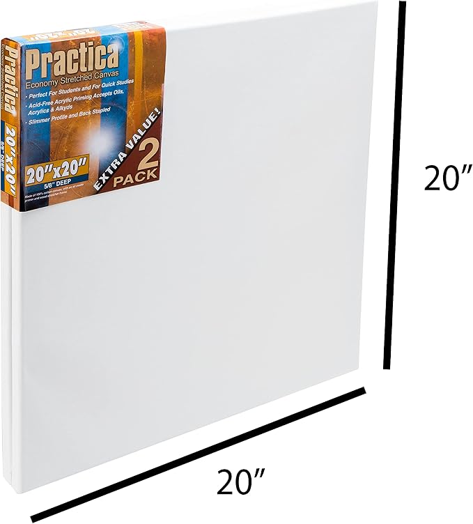 Practica Economy Stretched Cotton Canvas 20-Pack, 20x20 - Acid-Free Acrylic Primed Canvas for Acrylics, Pastels, Graphite, & More! - Image 2