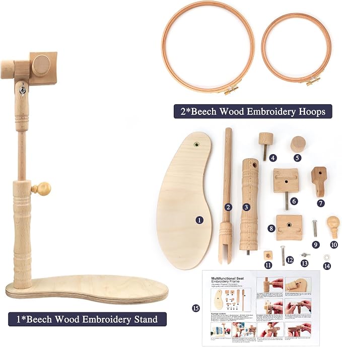 ZOCONE Beech Wood Embroidery Hoop Stand with 2 Pcs 6'' 8'' Embroidery Hoops | Natural Wooden Adjustable Rotated Embroidery Stand, Embroidery Hoop Holder for Cross Stitch and Embroidery Project - Image 4