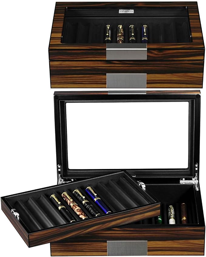 Pen Display Case - Ebony Wood Storage Box with Glass Window, Holds 20 Fountain Pens, Luxury Pen Organizer for Collectors - Image 3