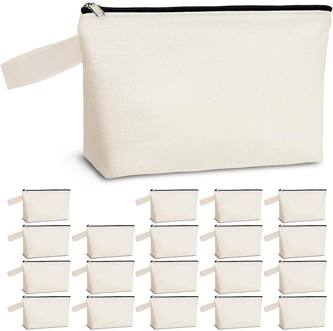 Koolmox 20 PCS Large Cosmetic Pouch with Bottom and Strap, 12Oz Thick Canvas Cosmetic Toiletry Tool Travel Organization Pouches Plain to Customize (Beige Bag w/Black Zipper, L, 12.2x7.4x 2.7'') by Koolmox