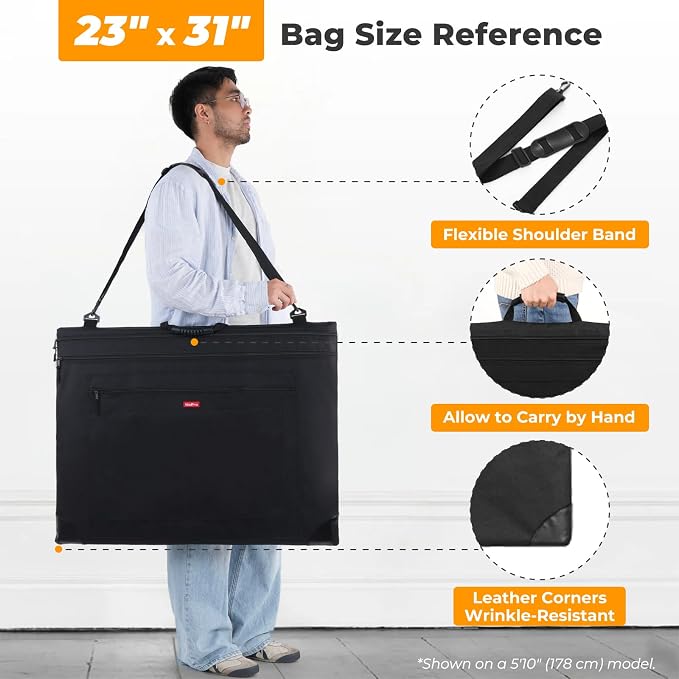 Nicpro Light Weight Art Portfolio Bag, 23" x 31" Art Canvas Portfolio Case | with Detachable Shoulder Strap, Leather Corners, Carrying Storage Case for Artwork, Poster, Sketching, and Drawing, Black - Image 2