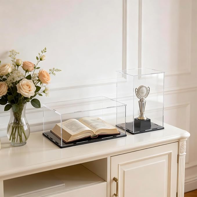 Acrylic Display Case with Matt Black Base and Lid, Dust-Proof Acrylic Box, Tall Showcase Counter-Tops Box for Red Wine Bottles, Figures, Dolls and Colletables (7x7x16 inch)