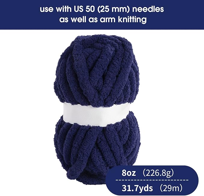 HOMBYS Navy Blue Chunky Chenille Yarn for Crocheting, Bulky Thick Fluffy Yarn for Knitting,Super Bulky Chunky Yarn for Hand Knitting Blanket, Soft Plush Yarn, 12 Jumbo Pack (27yds,8 oz Each Skein) - Image 2