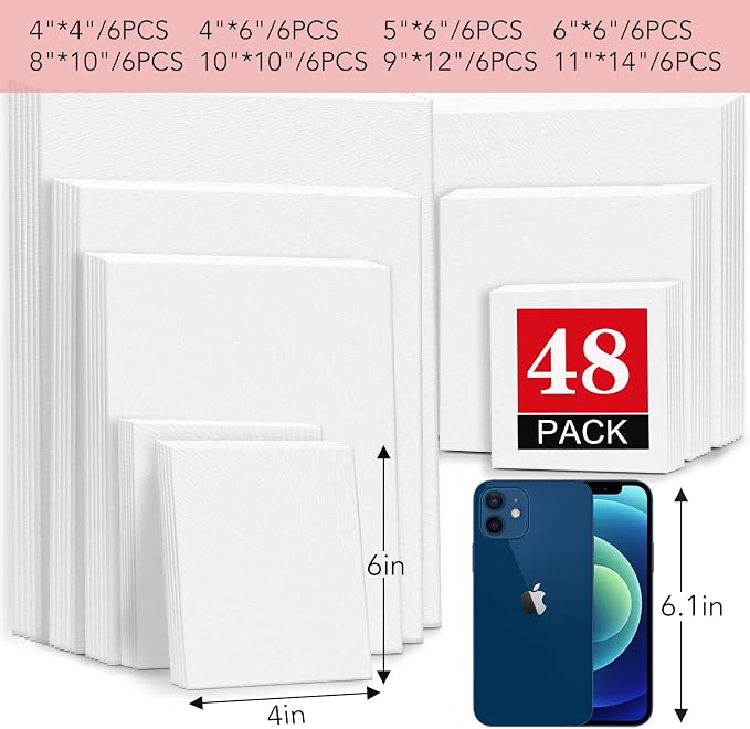 ESRICH 48 Pack Canvas Boards for Painting, 6Pcs of 4x4, 4x6, 5x6, 6x6, 8x10, 10x10, 9x12, 11x14 Canvas for Painting, Cotton Primed Blank Painting Canvas Panels for Oil, Acrylic, Watercolor - Image 4