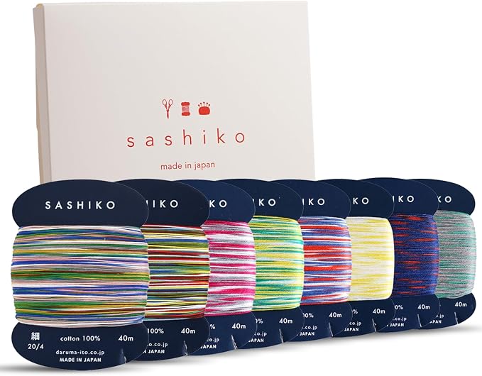 DARUMA Sashiko Thread 100% Cotton Card Type (43.7 yd) x 8 Colors with English Manual, Sewing & Embroidery Value Set with Gift Package (Thin, Kasuri) by Daruma