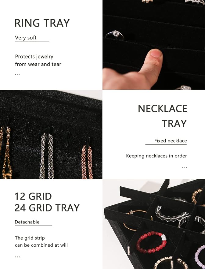 Coward Set of 5 Stackable Jewelry Organizer Tray Necklace Earring Box Storage Ring Bracelet Display Holder (Black(ring+necklace+earring+12grid)) - Image 6