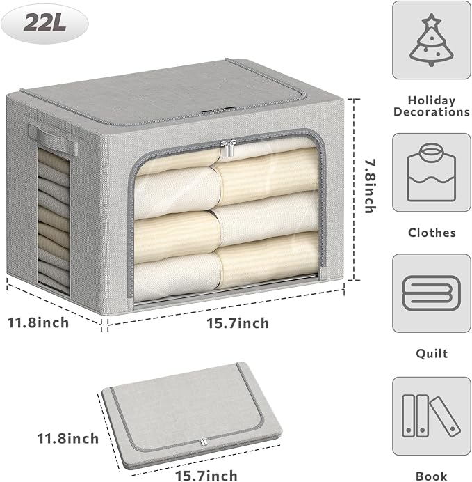 4 Pack Clothes Storage Bins with Metal Frame - 22L Stackable Storage Box with Lid，Foldable Storage Container Organizer for Clothes，Linen Fabric Storage Box with Clear Window＆Zippers＆Handles - Image 4