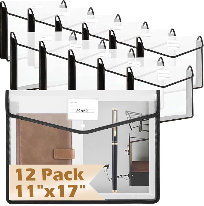 12 PCS 11 x 17 Inch Expandable Tabloid Size Document Folder with Label A3 Plastic Folders for Documents Black Expanding File Wallet Envelope Size Waterproof Clear Plastic File Pouch for Office by XUWAIDSGN