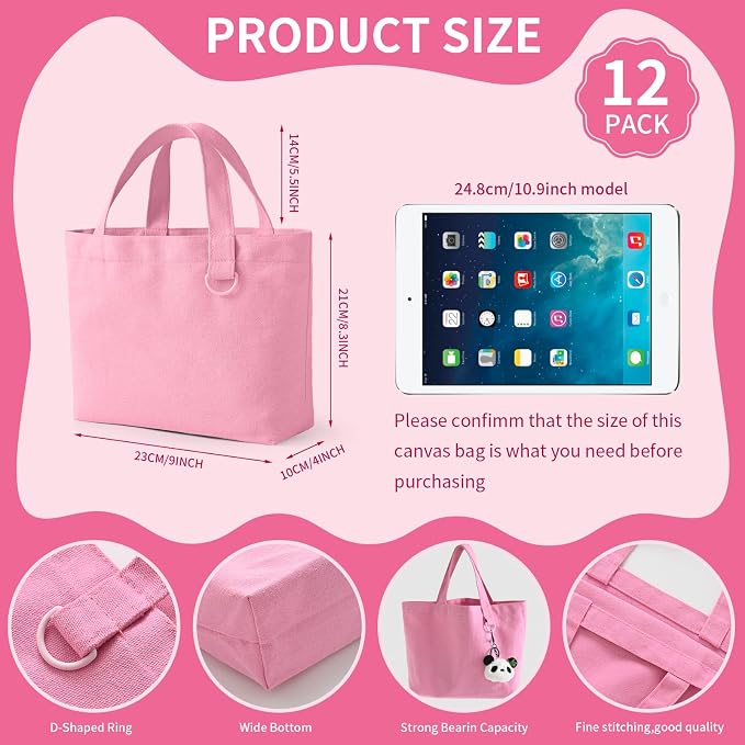 1 | 12 | 24 Pack Small Canvas Tote Bags, Mini Tote Bags Bulk for Women, DIY Blank Reusable Cute Sublimation Tote Bag - Image 5