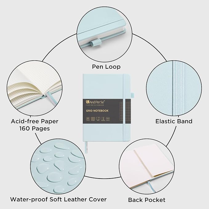 &And Per Se Graph Notebook, 5mm Grid, A5 Hardcover, 160 Pages 100gsm Thick Paper, Grid Journal for Diagrams, Wireframes, CAD Sketches (Cyan) - Image 3