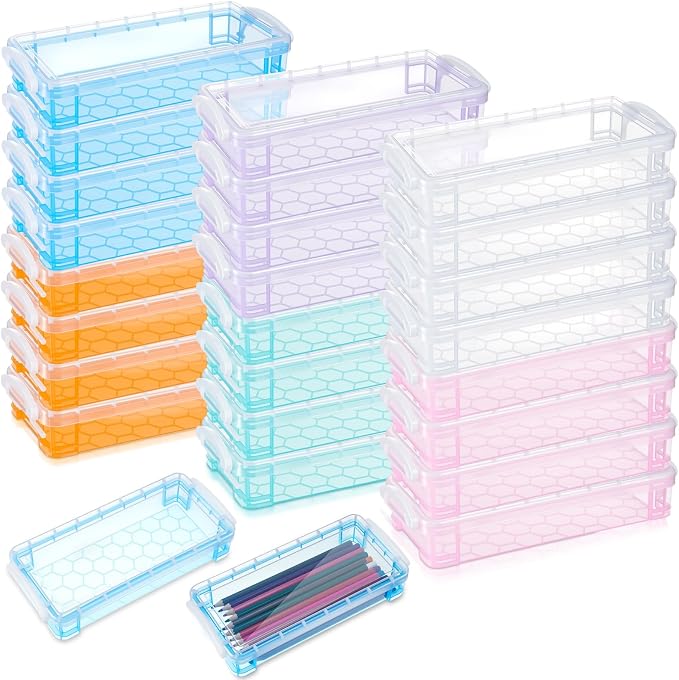 Gueevin 24 Pcs Large Capacity Plastic Pencil Box Clear Plastic Pencil Case Crayon Box with Snap Tight Lid Watercolor Pen Storage Brush Organizer Drawing Tools Container (Macaron) by Gueevin