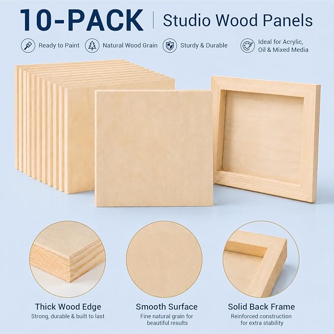 10 Pack 6x6 Unfinished Birch Wood Panels Kit for Painting | 3/5’’ Deep Wooden Canvas, Cradle Boards for Acrylic Pouring, Art, Crafts, Epoxy Resin, Laser Engraving Cutting - Image 5