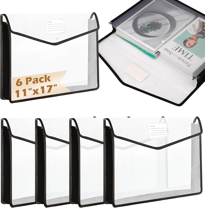 6 PCS 11 x 17 Inch Expandable Tabloid Size Document Folder with Label A3 Plastic Folders for Documents Black Expanding File Wallet Envelope Size Waterproof Clear Plastic File Pouch for Office by XUWAIDSGN