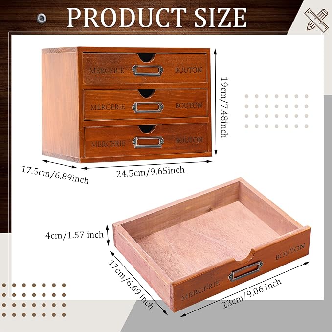 Wesiti Wooden Desk Organizer, 3 Drawers, Vintage Makeup Cabinet, Brown | Rustic Drawer Storage for Office, Home, Craft Room, Jewelry, Sewing Supplies, Apothecary Desktop Box, Pre-assembled Decor - Image 3
