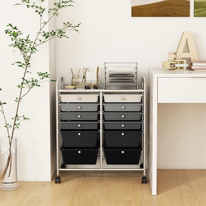 Moccha 12-Drawer Rolling Storage Cart - Utility Cart on Wheels with Lockable Casters for Craft Art Supply Paper Salon, Mobile Drawer Carts for Classroom Teacher School Office (Gradient Grey) - Image 2
