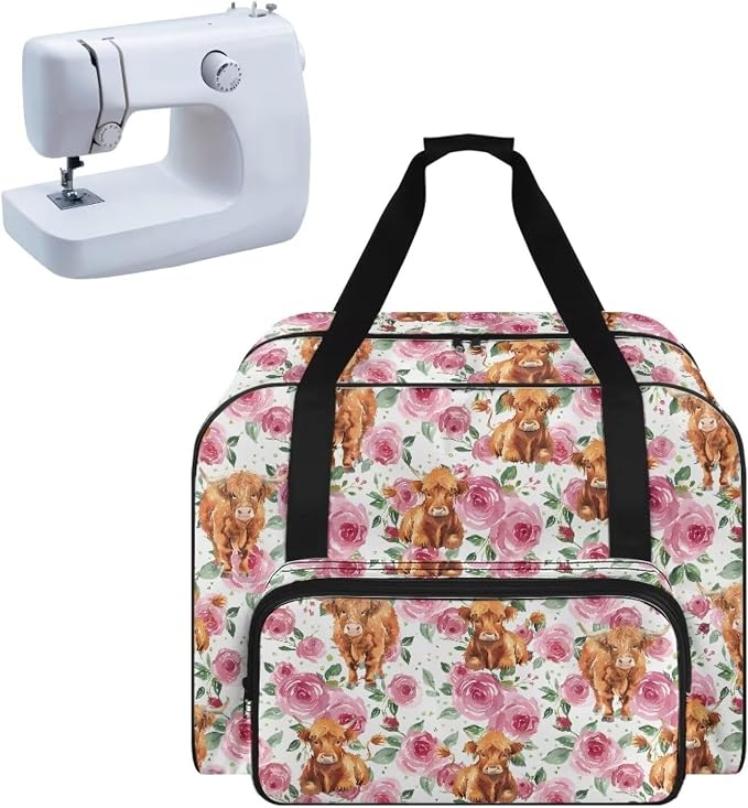 Sewing Machine Dust Bag Large Capacity Tote Bag Universal Sewing Machine Storage and Organizer Case with Soft Cushion and 4 Bottom Rubber Pads, Highland Cattle Rose by Unknown