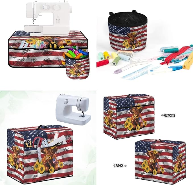 Cow American Flag Sewing Machine Dust Cover & Mat with Pockets for Sewing Accessories Muffling Mat Reduce Vibration Movement Home Decor - Image 2