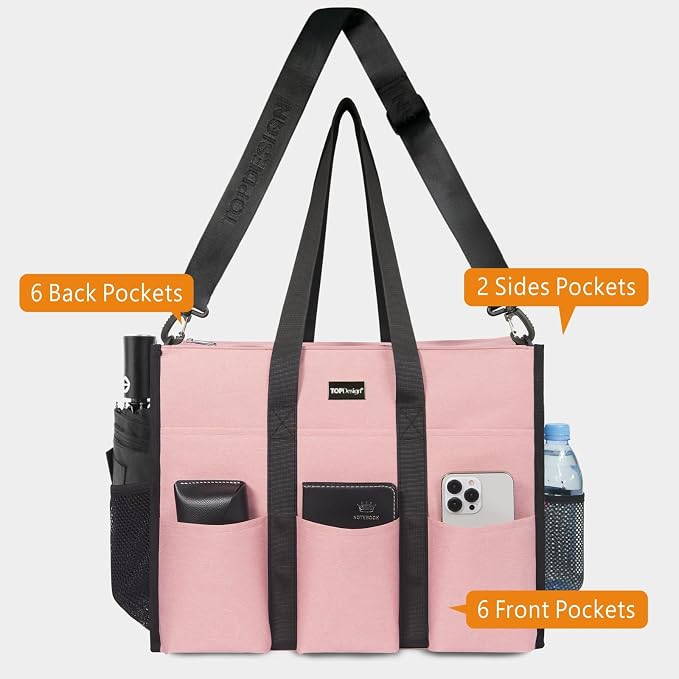 TOPDesign Utility Water Resistant Tote Bag with 22 Pockets, Top Zipper Closure & Thick Bottom Support, for Working Women - Image 4