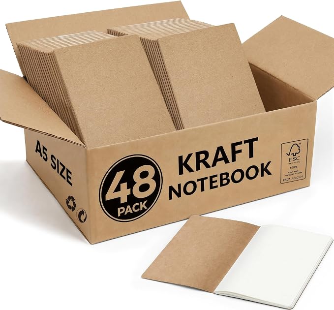 48 Pack Blank Kraft Notebooks A5, Bulk Unlined Journals, 80gsm Paper | 60 Pages, 8.3x5.5 Inches Softcover Composition Style For School, Classroom & Office Supply by Foliom