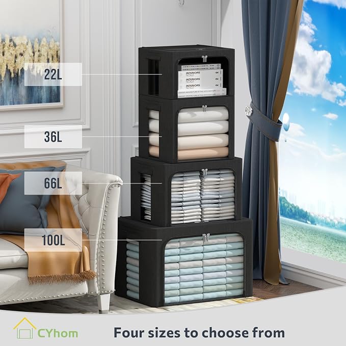 CYhom 3Pack Foldable Storage Bins - Frame Storage Box Linen Fabric Stackable Clothes Container Organizer with Clear Window & Carry Handles Large Capacity (Extra Large-100L, Black) - Image 4